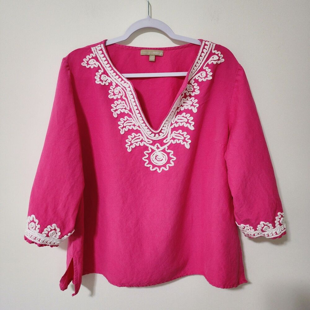 Appraisal Womens 3/4 Sleeve Tunic Top Pink Ramie-Rayon Split-Neck Size 2X